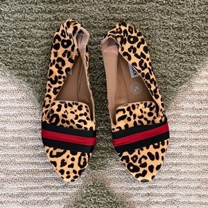 Leopard Print Pointed Toe Flats with Red & Black Accent